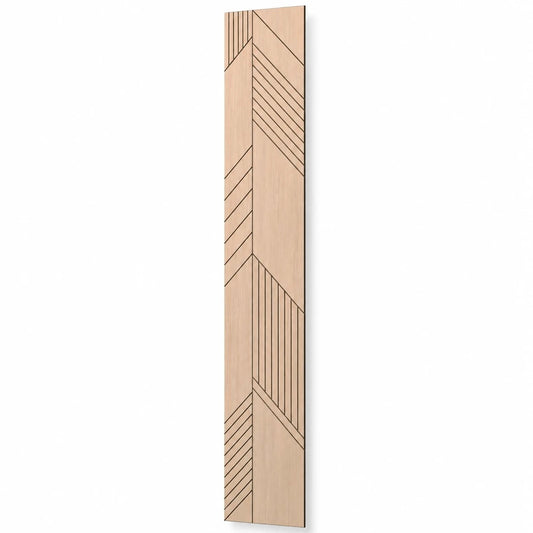 Tall oak-effect GrooveCraft milled acoustic MDF wall panel with a modern geometric linear pattern and natural shadow