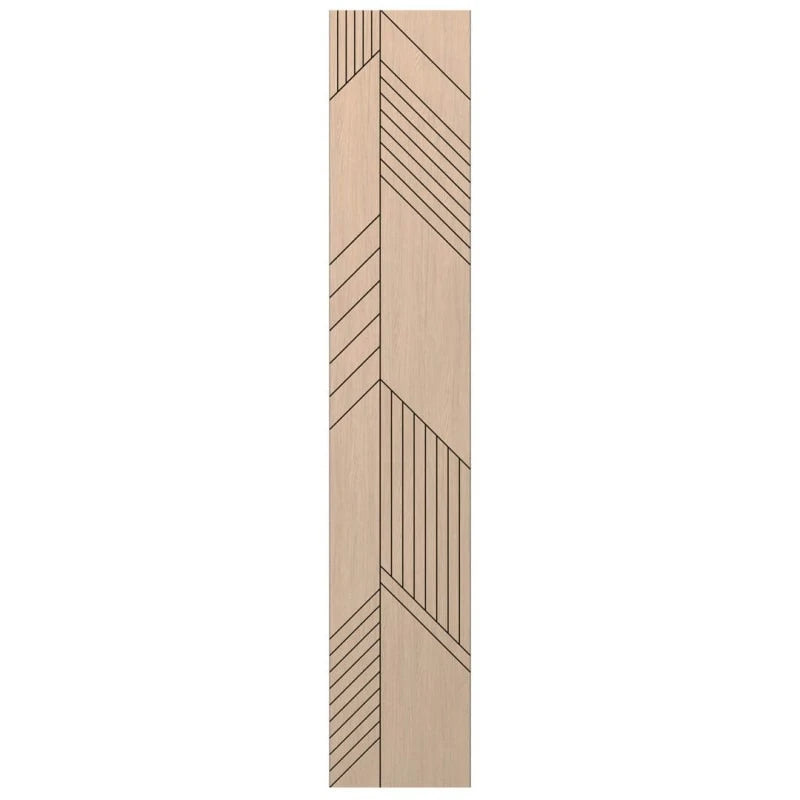 Front view of a tall oak-effect acoustic MDF wall panel with asymmetrical diagonal and vertical milled grooves