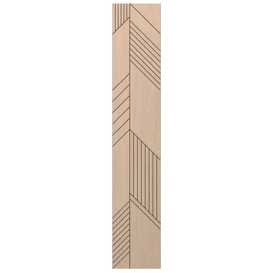 Front view of a tall oak-effect acoustic MDF wall panel with asymmetrical diagonal and vertical milled grooves
