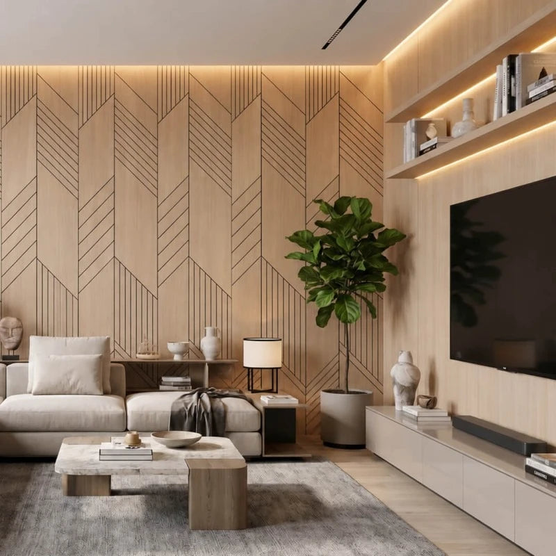 Modern living room with oak-effect GrooveCraft acoustic wall panels featuring repeated geometric line patterns