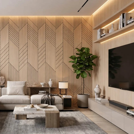 Modern living room with oak-effect GrooveCraft acoustic wall panels featuring repeated geometric line patterns