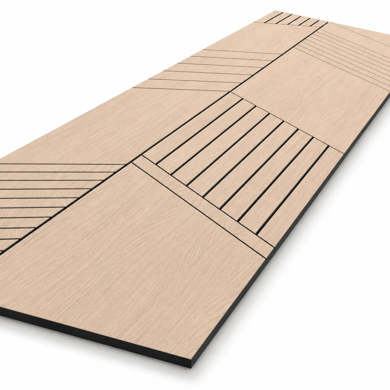 Angled close-up of an oak-effect milled acoustic MDF panel featuring intersecting geometric grooves and a black core
