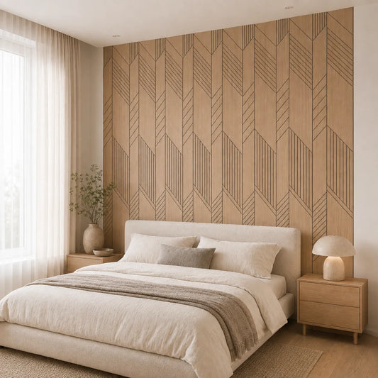 Scandinavian bedroom with geometric oak acoustic wall panels viewed from the right