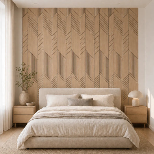 Front view of a Scandinavian bedroom with geometric oak acoustic wall panels
