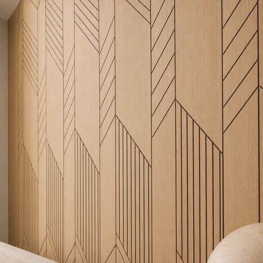 Close-up of geometric oak acoustic wall panels with black MDF grooves