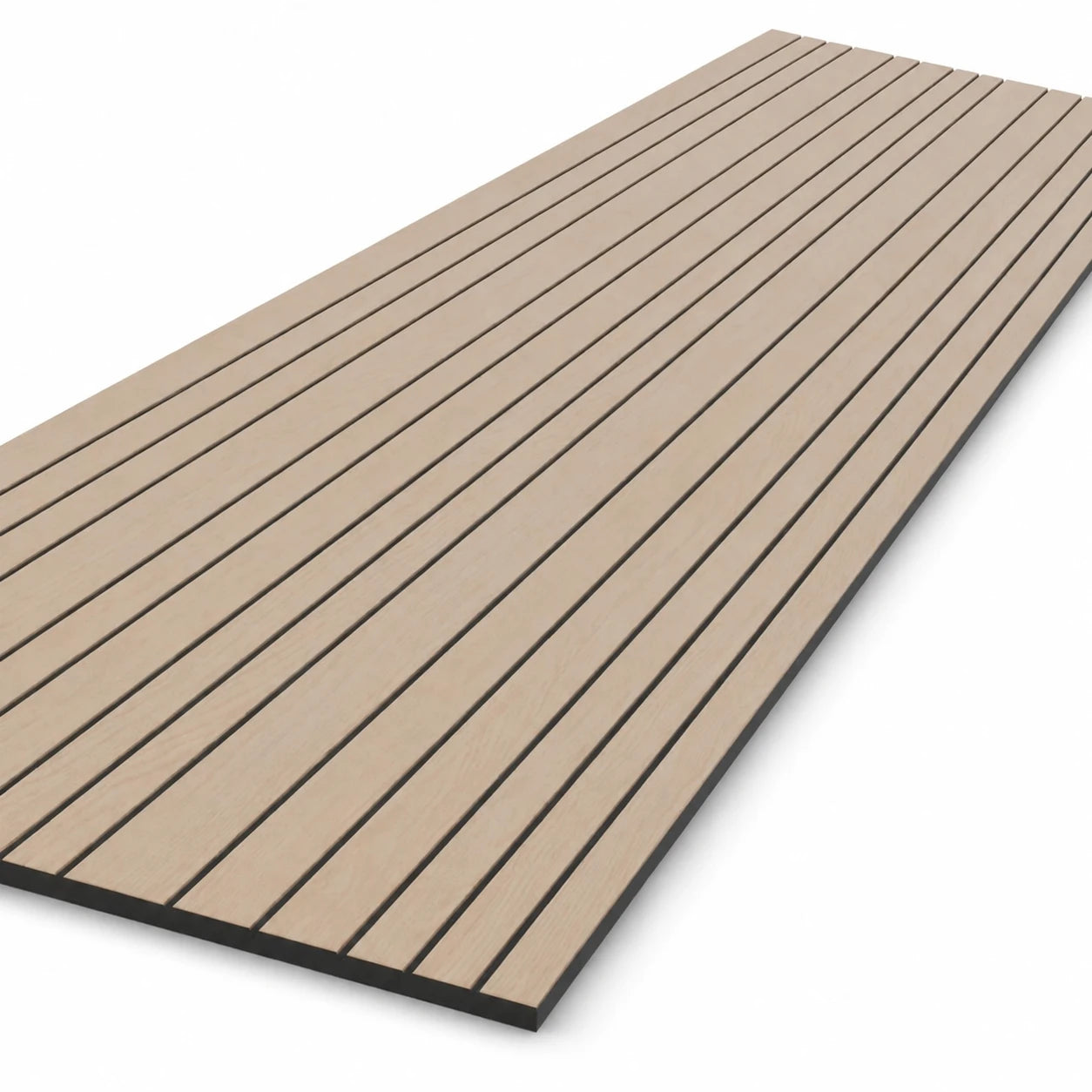 Angled close-up of an oak-effect GrooveCraft milled acoustic MDF panel with evenly spaced linear grooves and a black core