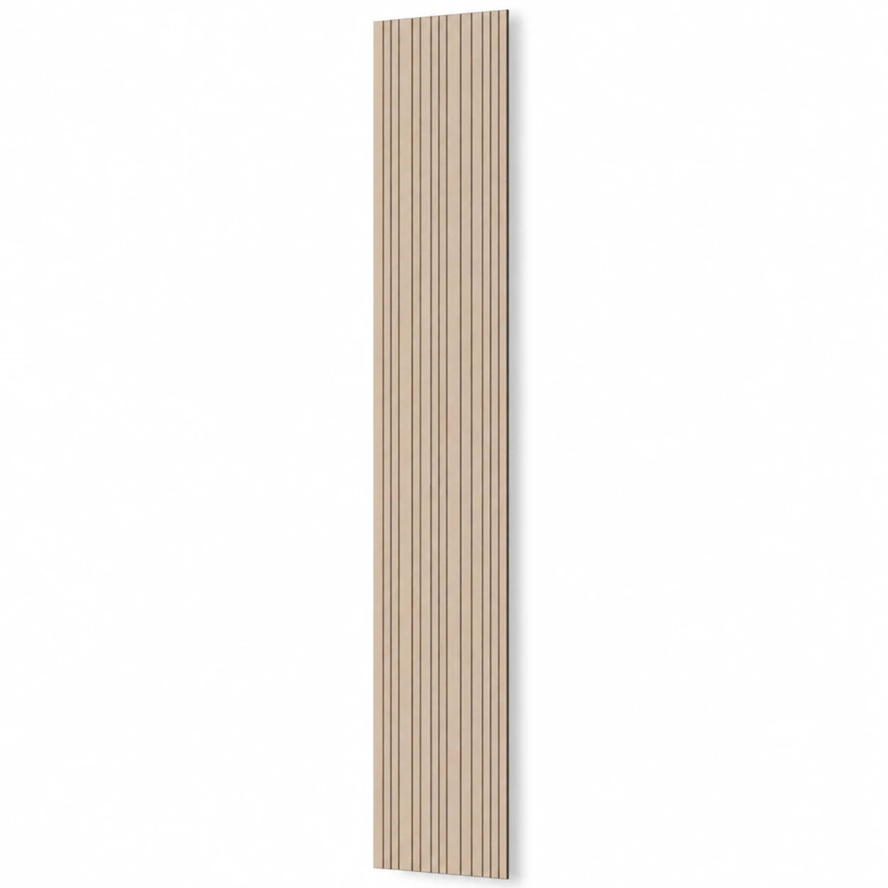 Tall oak-effect GrooveCraft acoustic MDF wall panel with narrow vertical grooves and a natural shadow