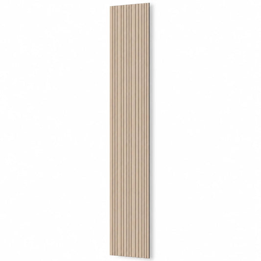 Tall oak-effect GrooveCraft acoustic MDF wall panel with narrow vertical grooves and a natural shadow