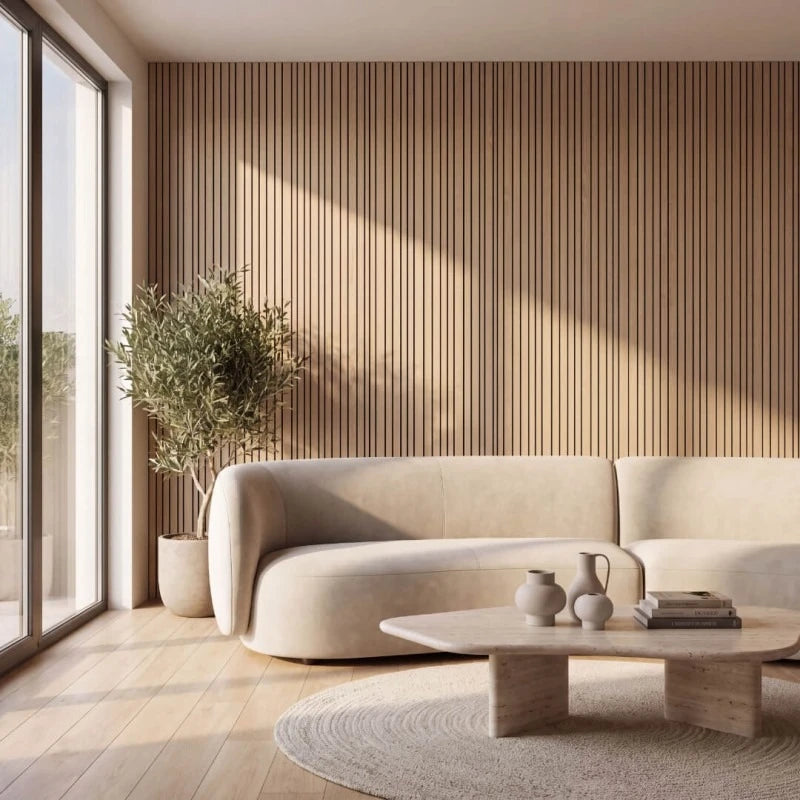 Bright modern living room with oak-effect vertical grooved acoustic wall panels and a curved cream sofa