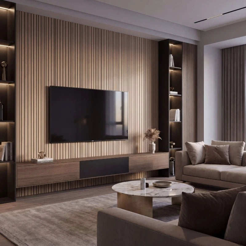 Modern dark-toned living room with oak-effect vertical grooved acoustic wall panels behind a television
