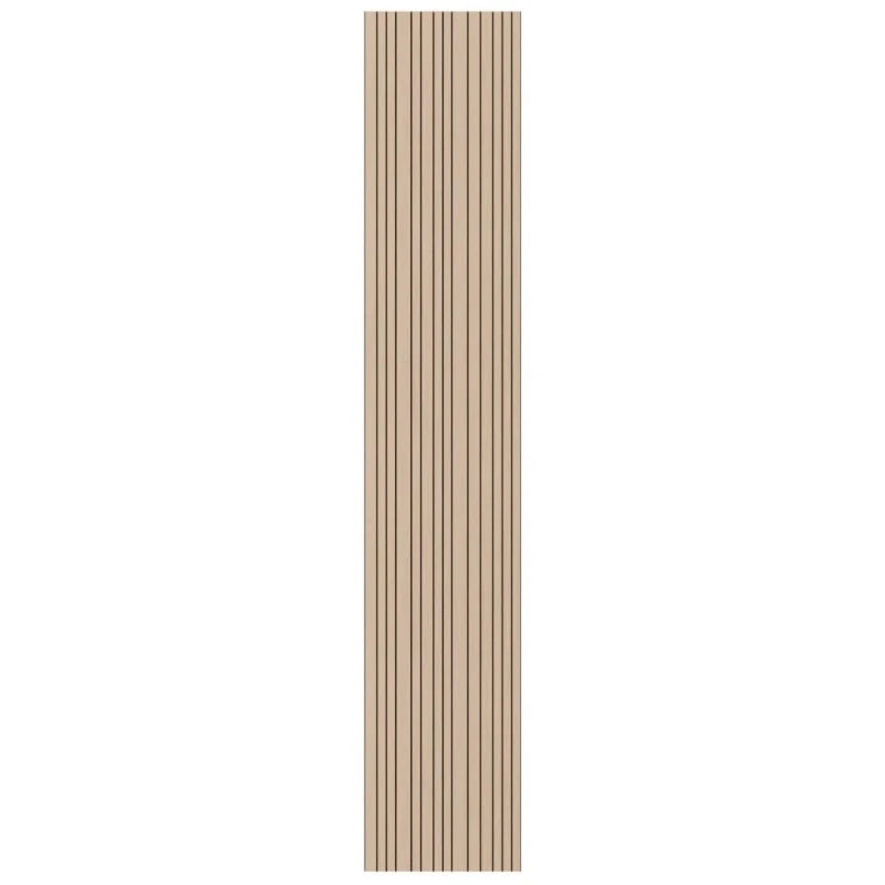 Tall oak-effect GrooveCraft acoustic MDF wall panel with narrow vertical grooves and a natural shadow