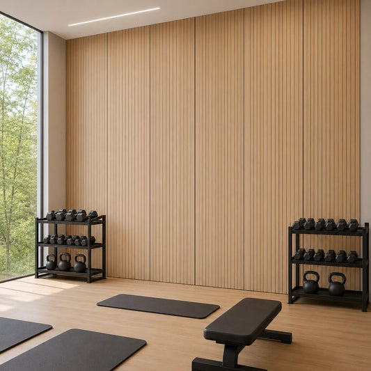 Right-side view of a fitness studio with oak veneer MDF acoustic wall panels, dumbbells and exercise mats