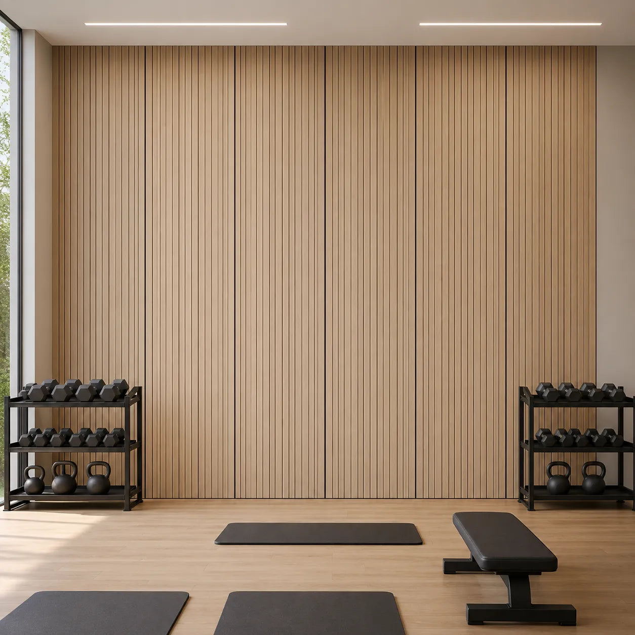 Front view of a fitness studio featuring oak veneer MDF acoustic wall panels with vertical black grooves