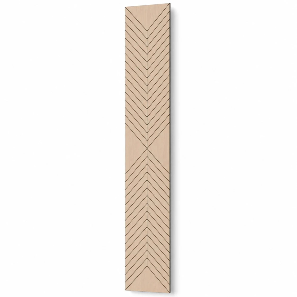 Tall oak-effect GrooveCraft acoustic MDF wall panel with symmetrical chevron grooves and a natural shadow
