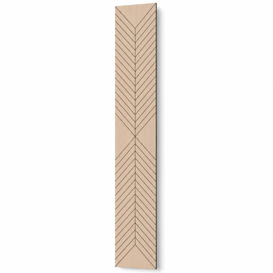 Tall oak-effect GrooveCraft acoustic MDF wall panel with symmetrical chevron grooves and a natural shadow