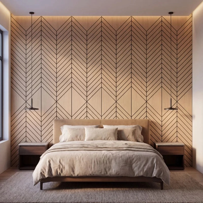 Modern bedroom with oak-effect acoustic wall panels featuring a repeating chevron pattern behind a beige upholstered bed
