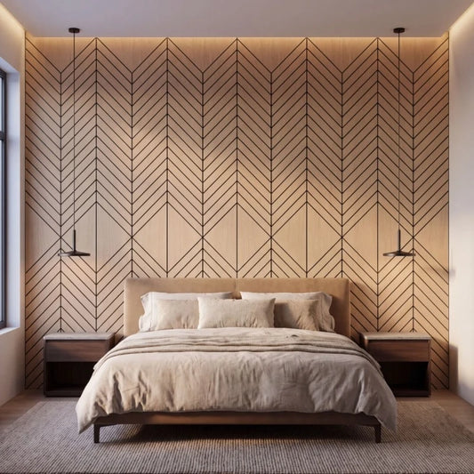 Modern bedroom with oak-effect acoustic wall panels featuring a repeating chevron pattern behind a beige upholstered bed