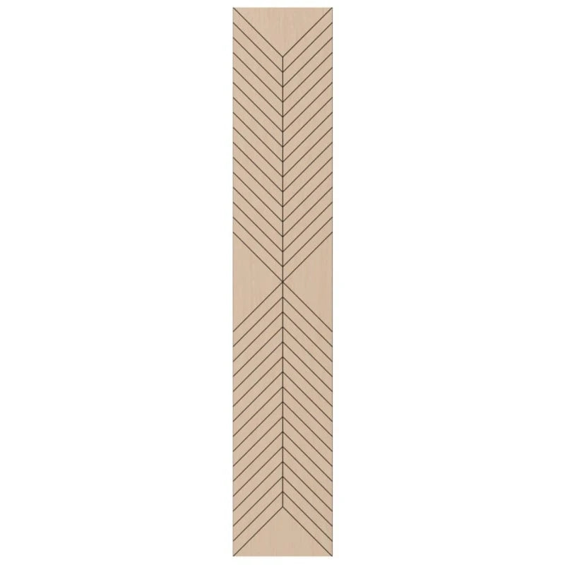 Front view of a tall oak-effect acoustic MDF wall panel with symmetrical V-shaped milled grooves