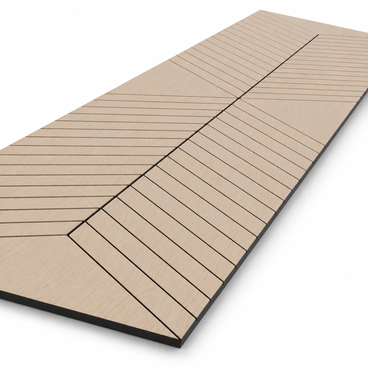 Angled close-up of an oak-effect GrooveCraft milled acoustic MDF panel with a symmetrical chevron groove pattern and black core