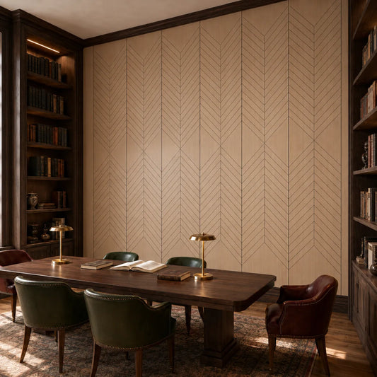 Angled library with natural oak GrooveCraft milled MDF acoustic wall panels featuring geometric chevron grooves
