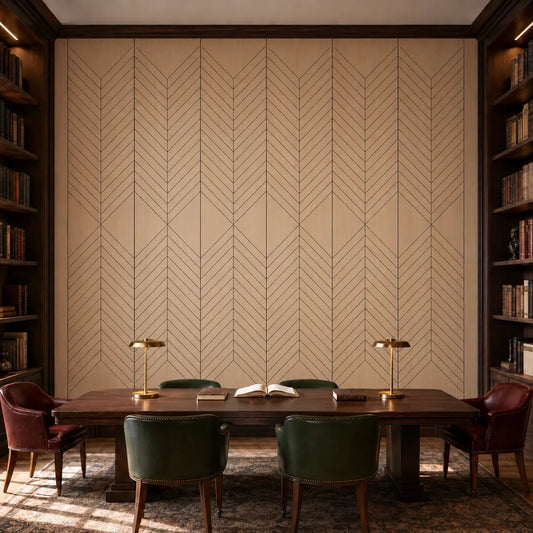 Front view of a library with natural oak GrooveCraft milled MDF acoustic wall panels and geometric black grooves
