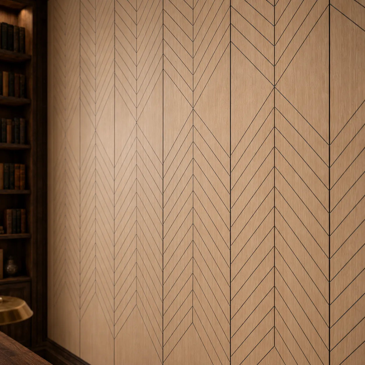 Close-up of natural oak GrooveCraft milled MDF acoustic wall panels showing black chevron grooves and wood grain
