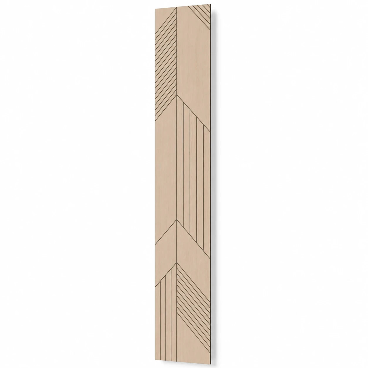 Tall oak-effect milled acoustic MDF wall panel with asymmetrical geometric linear grooves
