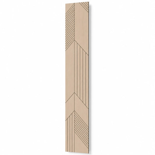 Tall oak-effect milled acoustic MDF wall panel with asymmetrical geometric linear grooves