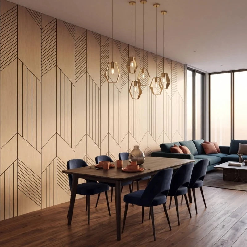 Modern open-plan dining and living room with oak-effect geometric acoustic wall panels
