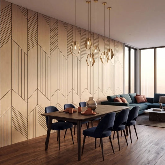 Modern open-plan dining and living room with oak-effect geometric acoustic wall panels
