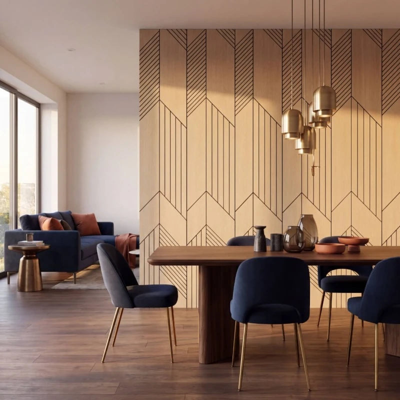 Contemporary dining room with oak-effect geometric acoustic wall panels and navy upholstered chairs