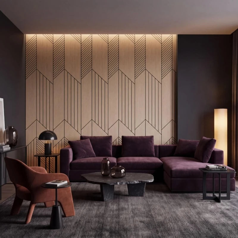 Dark modern living room with oak-effect geometric acoustic wall panels and a purple sectional sofa