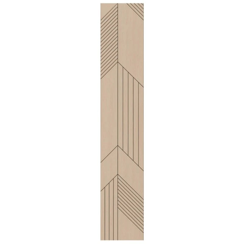 Front view of a tall oak-effect acoustic MDF wall panel with modern asymmetrical milled grooves