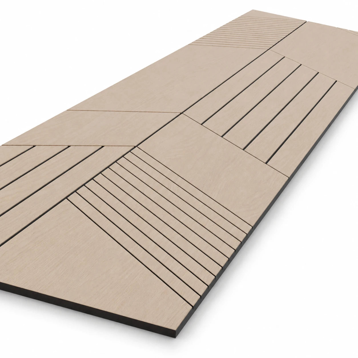 Angled close-up of an oak-effect milled acoustic MDF panel with intersecting vertical and diagonal grooves