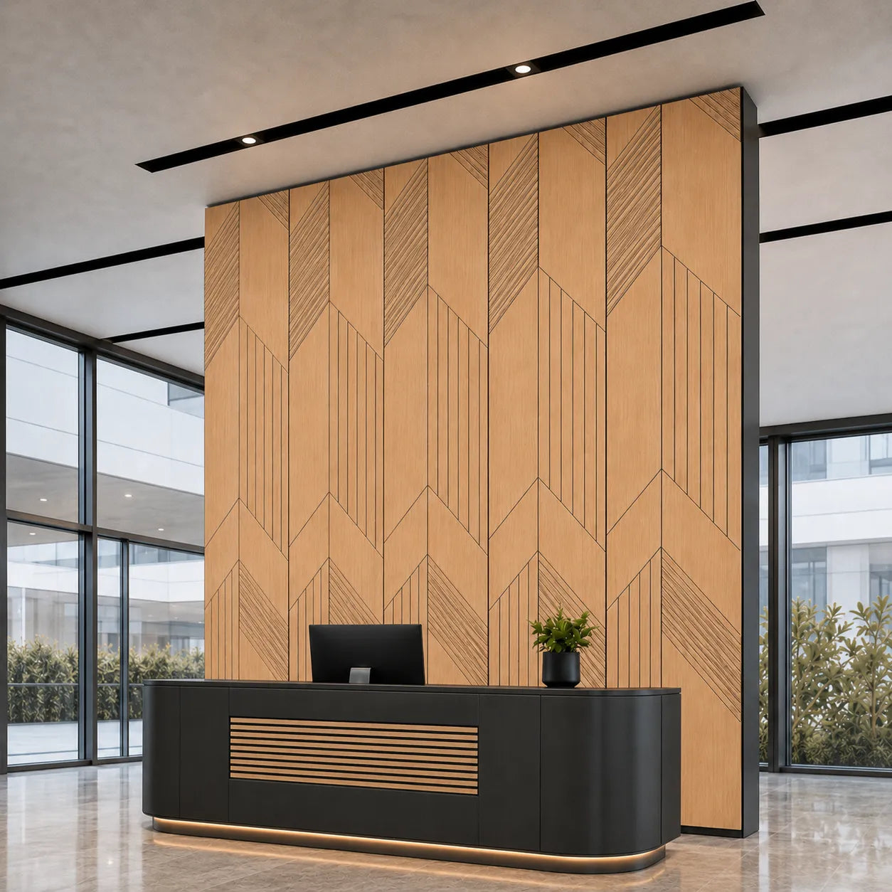 Angled view of a modern reception area with a black desk and natural oak GrooveCraft milled MDF acoustic wall panels featuring geometric grooves