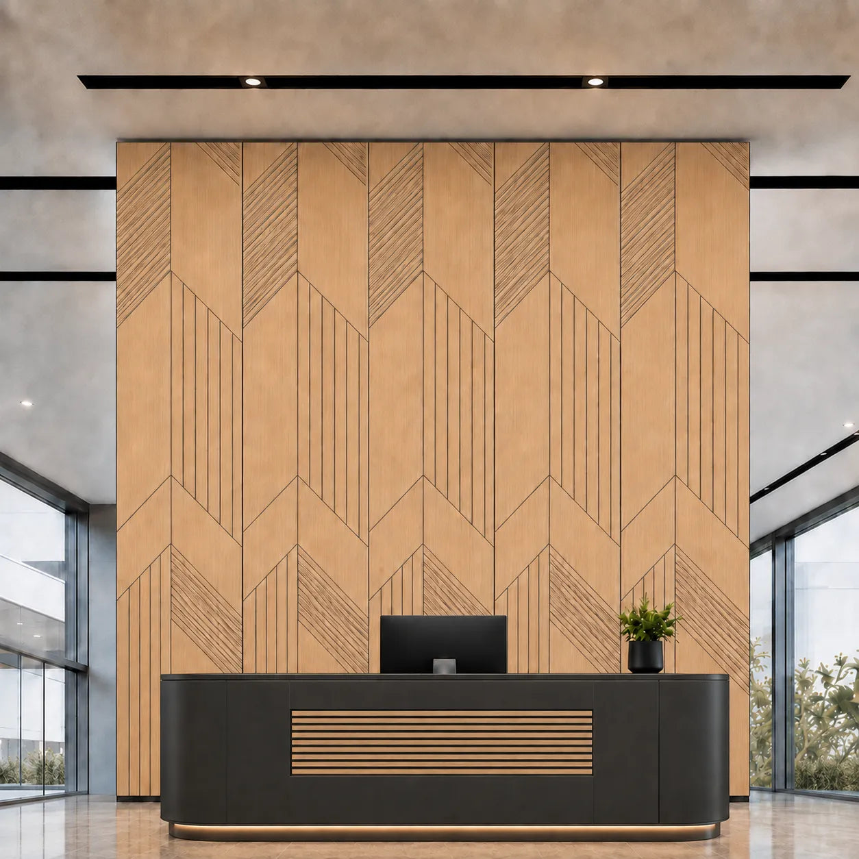 Front view of a modern reception area with a black desk and full-height natural oak GrooveCraft milled MDF acoustic wall panels