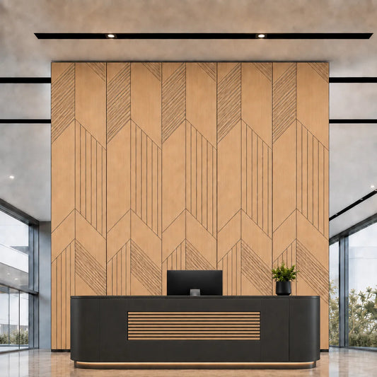 Front view of a modern reception area with a black desk and full-height natural oak GrooveCraft milled MDF acoustic wall panels