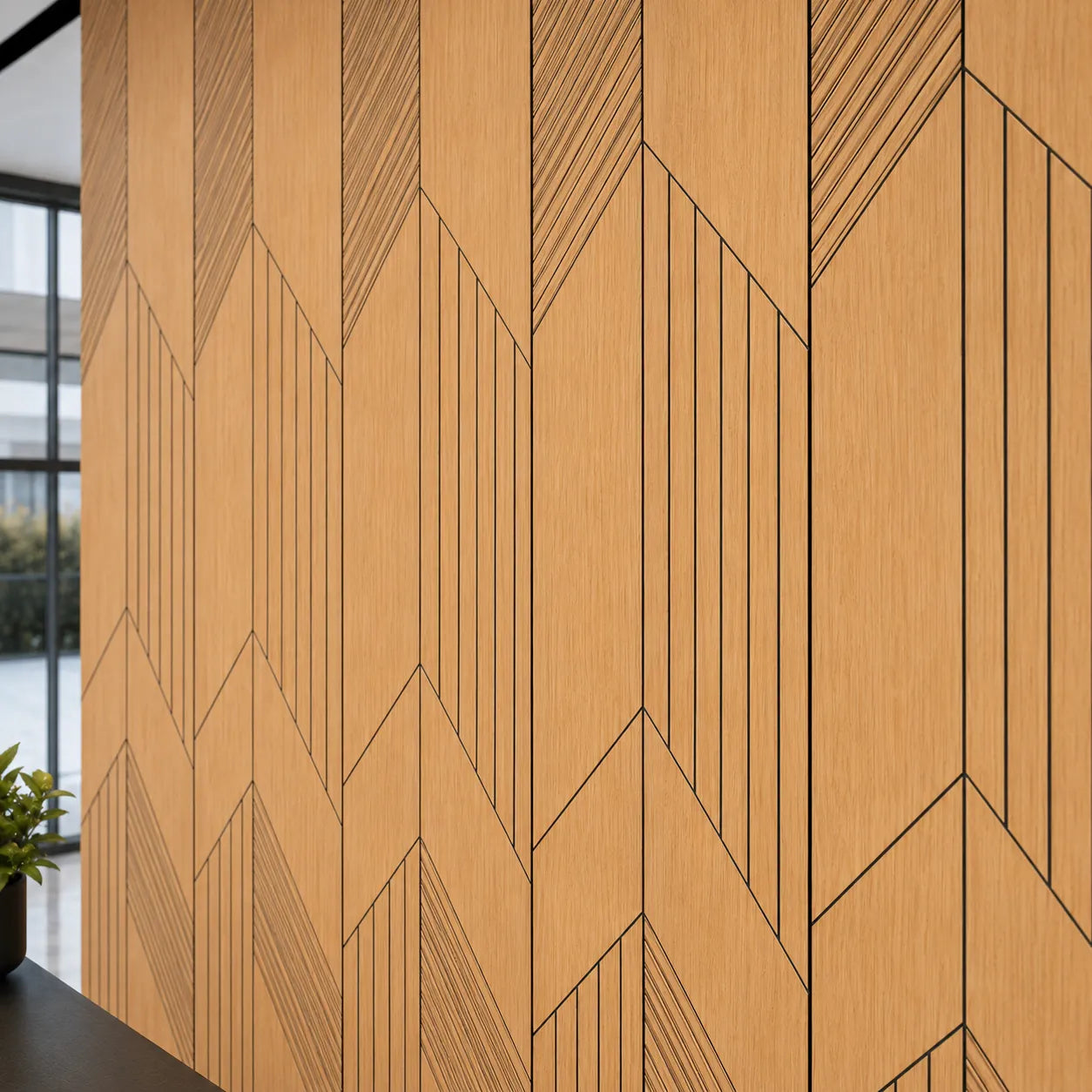 Close-up angled view of natural oak GrooveCraft milled MDF acoustic wall panels showing geometric black grooves, precise joints and wood grain