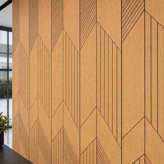 Close-up angled view of natural oak GrooveCraft milled MDF acoustic wall panels showing geometric black grooves, precise joints and wood grain