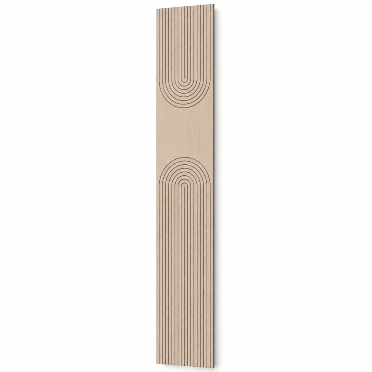 Tall oak-effect GrooveCraft milled acoustic MDF panel with mirrored arch grooves and a natural shadow