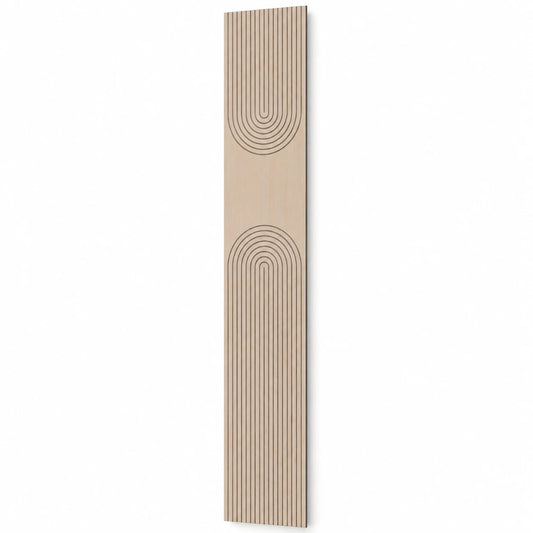 Tall oak-effect GrooveCraft milled acoustic MDF panel with mirrored arch grooves and a natural shadow