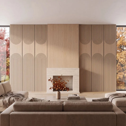 Modern living room with oak-effect acoustic wall panels featuring repeated rounded arch patterns around a central fireplace