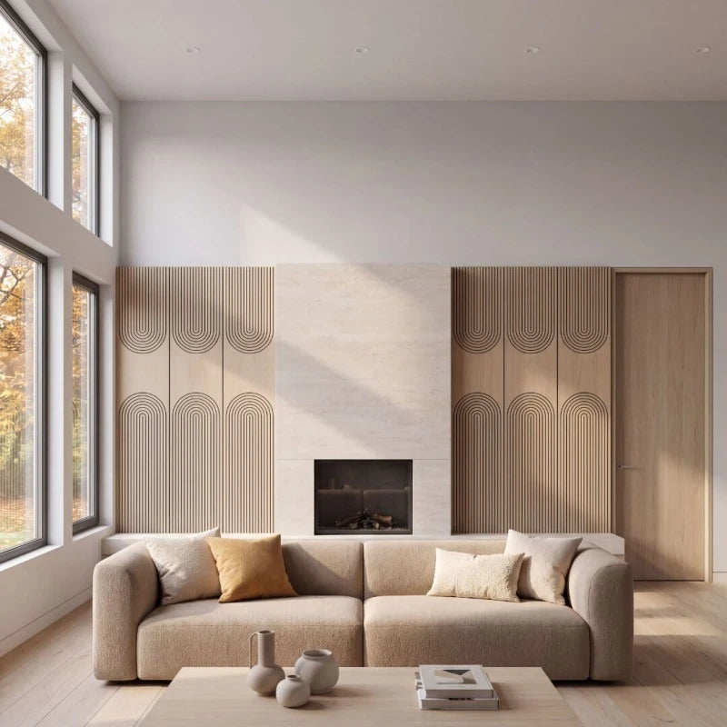 Bright contemporary living room with oak-effect arched acoustic wall panels, a cream sofa and central fireplace