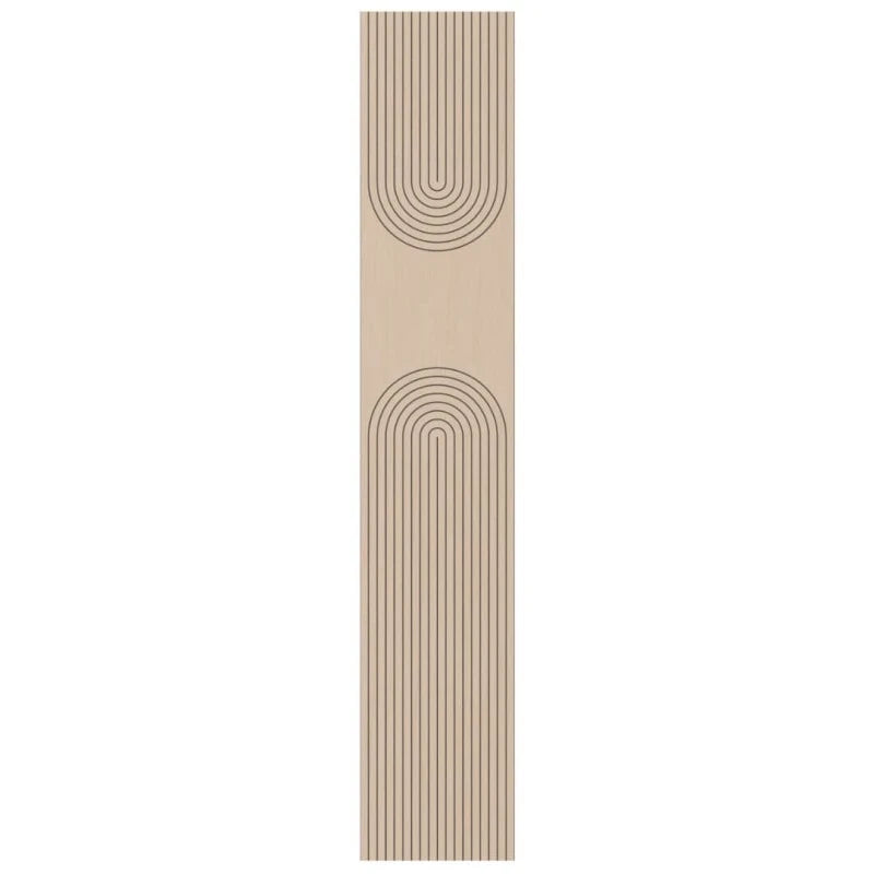 Front view of a tall oak-effect GrooveCraft acoustic MDF wall panel with mirrored U-shaped milled grooves