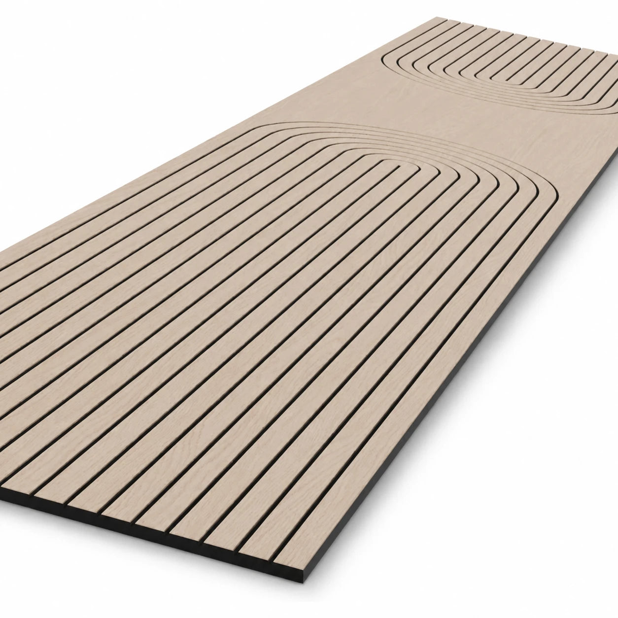 Angled close-up of an oak-effect milled acoustic MDF panel with vertical grooves and mirrored rounded arch patterns