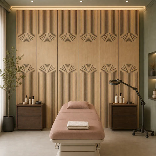 Front view of a beauty treatment room with decorative oak acoustic wall panels