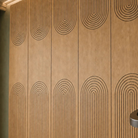 Close-up of oak acoustic wall panels with curved black MDF grooves
