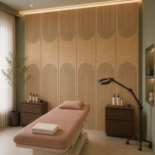 Beauty studio with oak acoustic wall panels featuring curved geometric grooves