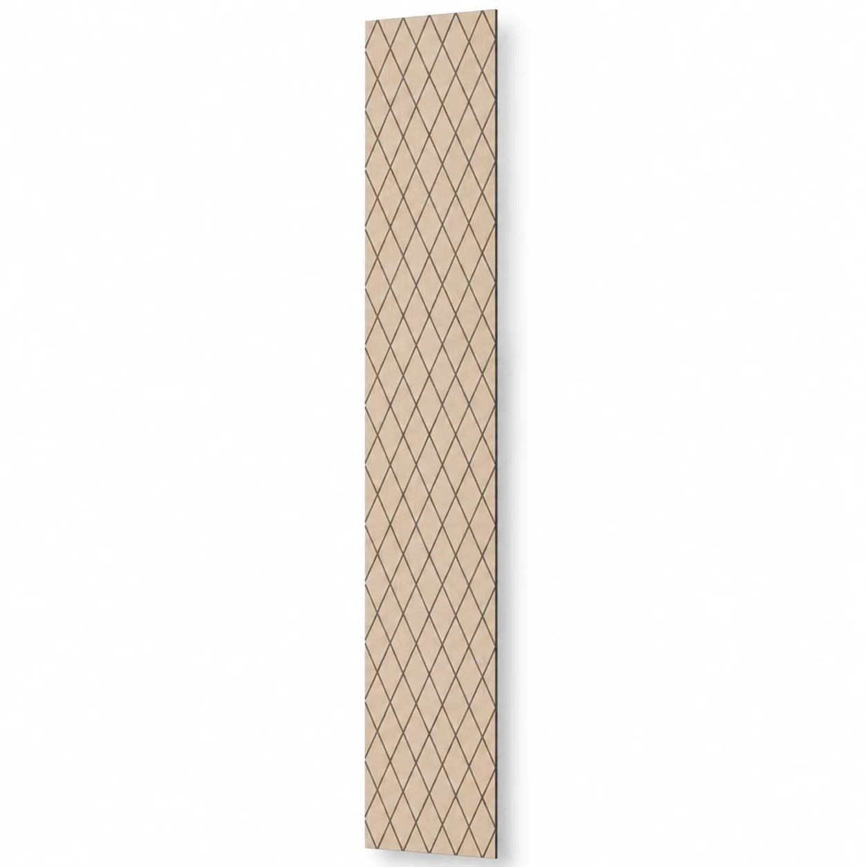 Tall oak-effect GrooveCraft acoustic MDF wall panel with a repeating diamond groove pattern and natural shadow