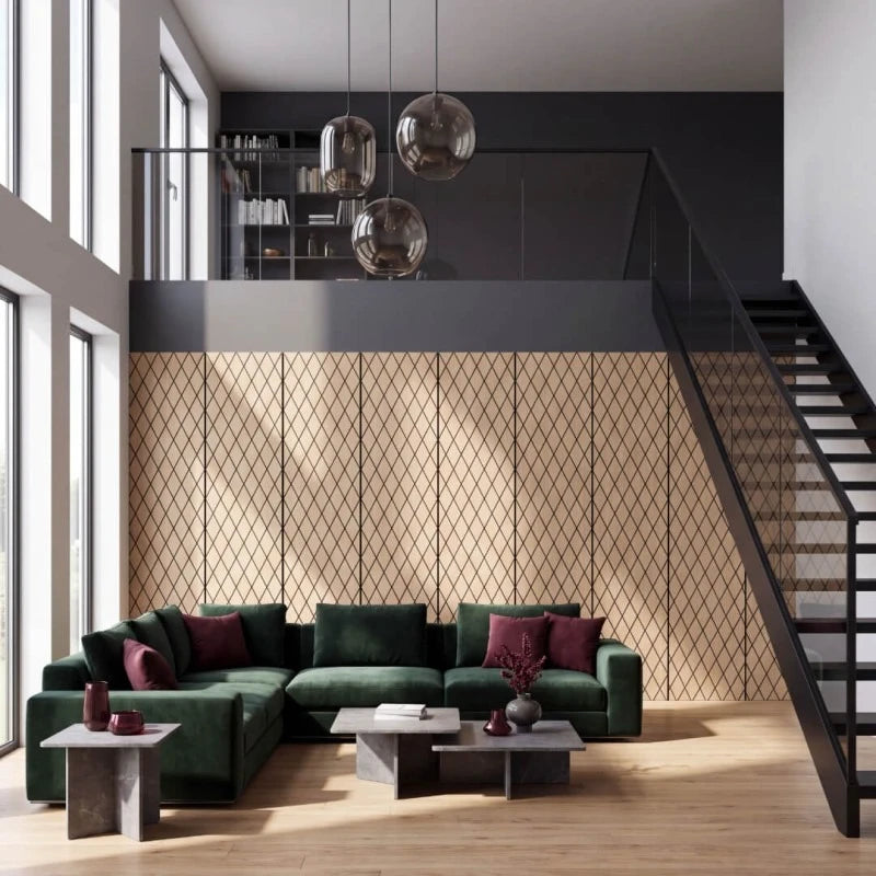 Modern double-height living room with diamond-patterned oak acoustic wall panels, green sectional sofa and black staircase